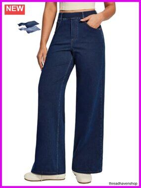 Wide Leg High Waisted Tummy Control Pull On Stretchy Jeans with Pockets